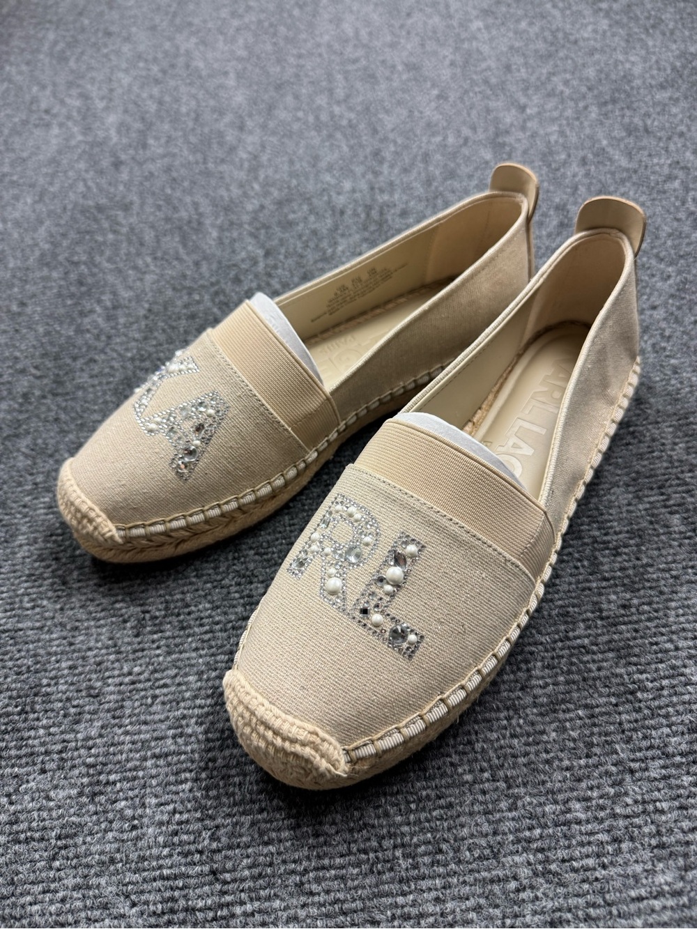 Karl Lagerfeld Paris Manika Espadrilles Beige Rhinestone Logo Size 6.